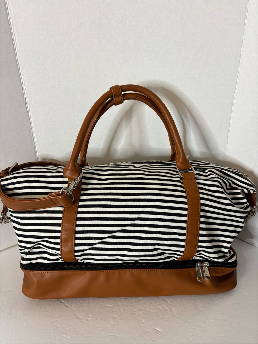 Weekender Black & White Striped Duffel with Tan Trim